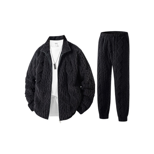 Herren Fleece-Set mit strukturierter Strickoptik, Reißverschlussjacke und Joggerhose Drune