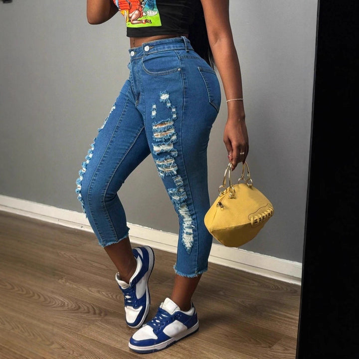Damen hochgeschnittene knöchellange Skinny-Jeans mit großzügigen Zerrdetails und rohem Saum Drune
