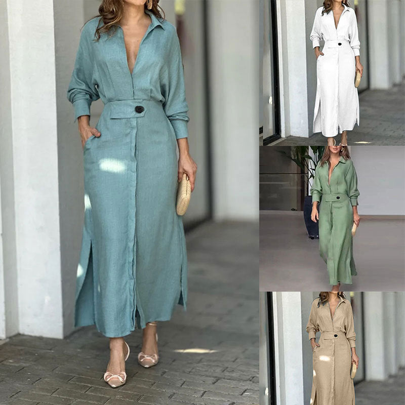 Damen Maxikleid mit elegantem V-Ausschnitt und Gürtel Drune
