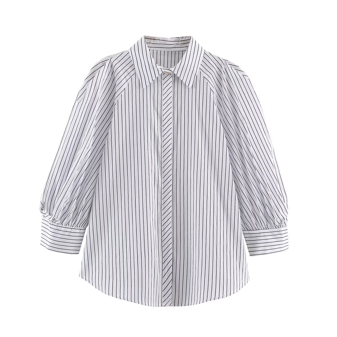Damen Längsgestreifte Oversize-Hemdbluse mit betonten Puffärmeln Drune
