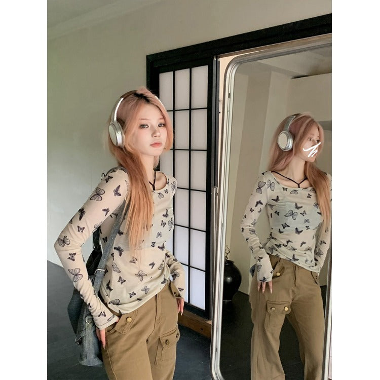 Damen Langarmshirt mit feinem Schmetterlingsmuster Drune