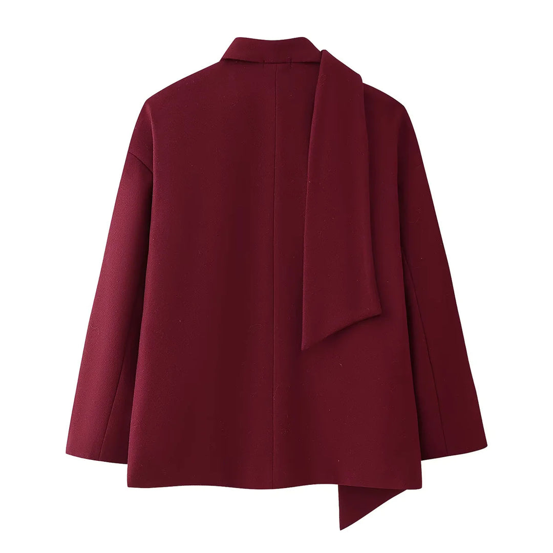 Damen nan kastiger Mantelblazer mit integriertem Schlauchschal, legerer Boxy‑Silhouette und Pattentaschen Drune
