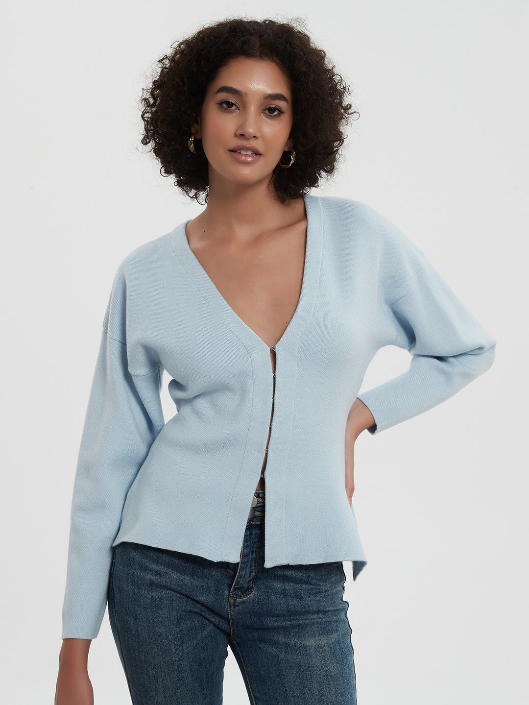 Damen elegante Strickjacke mit V-Ausschnitt und Knopfverschluss Drune