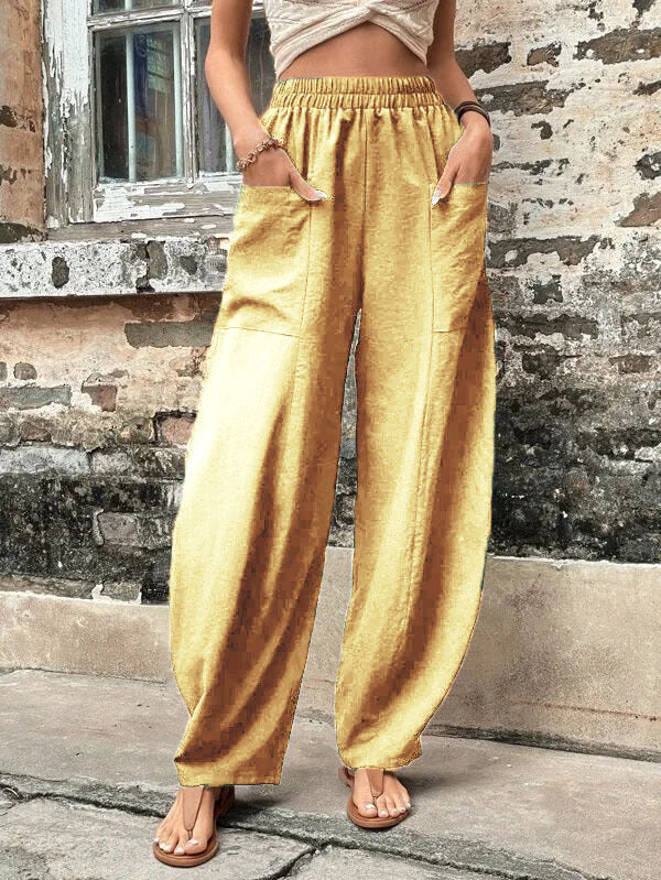 Damen Weite Leinenhose mit elastischem Bund, aufgesetzten Taschen und lässigem Harem-Schnitt Drune