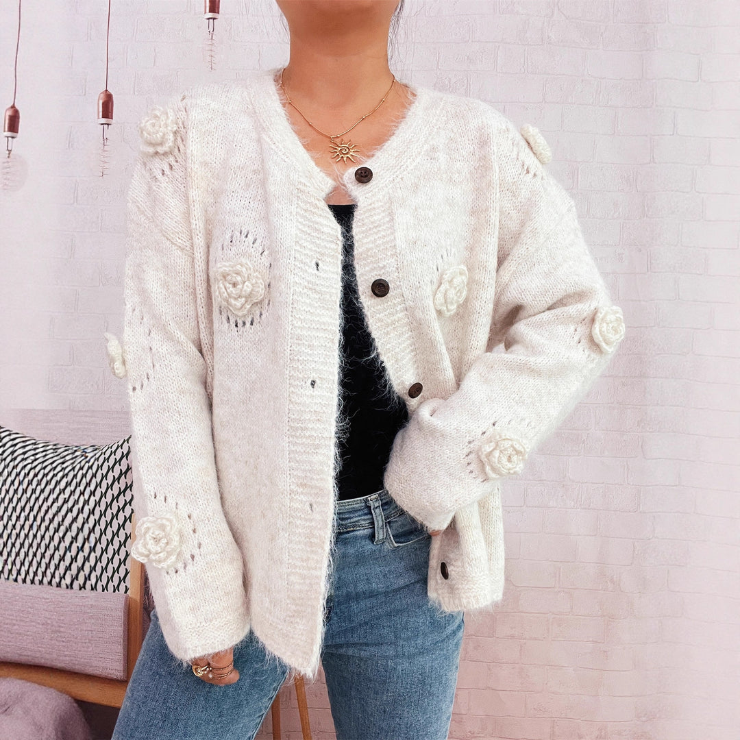 Damen kuschelige Strickjacke mit floralen Applikationen und Knopfverschluss Drune