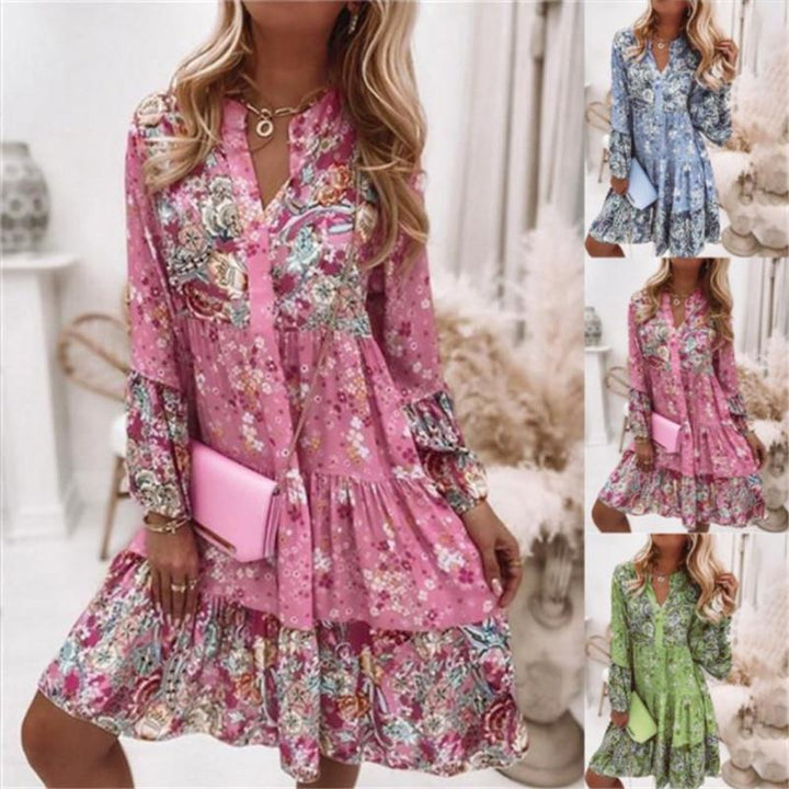 Damen nan florales Boho-Kleid mit V-Ausschnitt und Stufenrock Drune