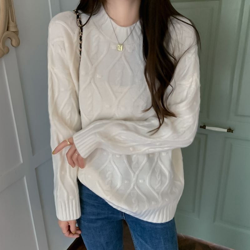 Damen gemütlicher Grobstrickpullover mit Zopfmuster und hohen Bündchen Drune