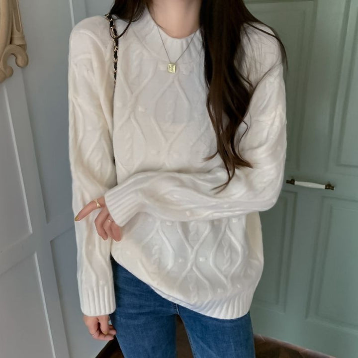 Damen gemütlicher Grobstrickpullover mit Zopfmuster und hohen Bündchen Drune