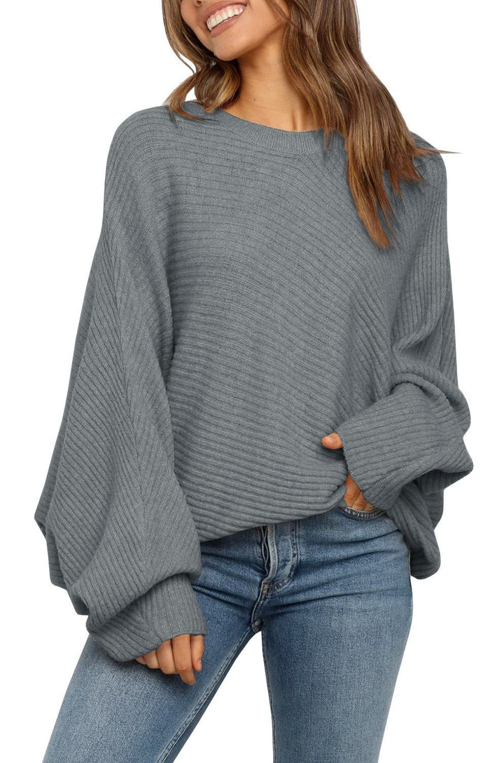 Damen lässiger Strickpullover mit weitem Schnitt und exquisitem Rippenmuster Drune