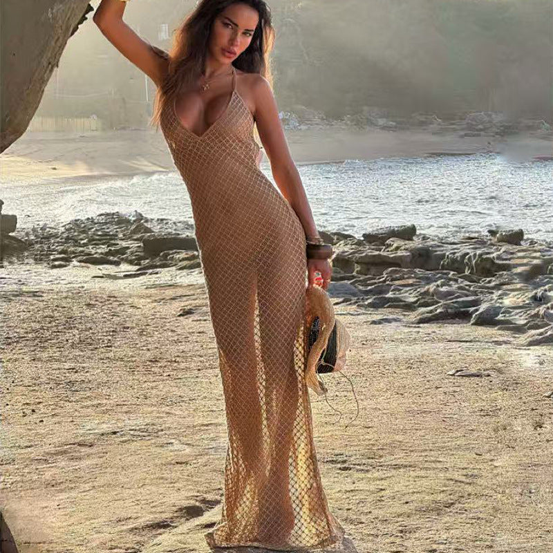 Damen Häkel-Strandkleid mit V-Ausschnitt und feinem Netzdesign Drune