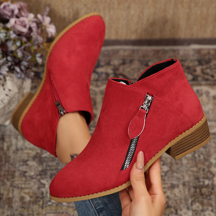 Damen Moderne Kurzschaft-Stiefelette mit sichtbarem Metallreißverschluss und niedriger Holzoptik-Blocksohle Drune