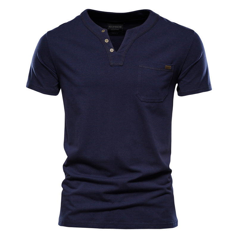 Herren V-Ausschnitt T-Shirt mit Druckknöpfen und Brusttasche Drune