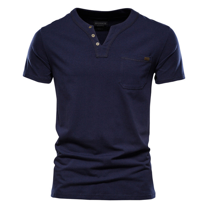 Herren V-Ausschnitt T-Shirt mit Druckknöpfen und Brusttasche Drune