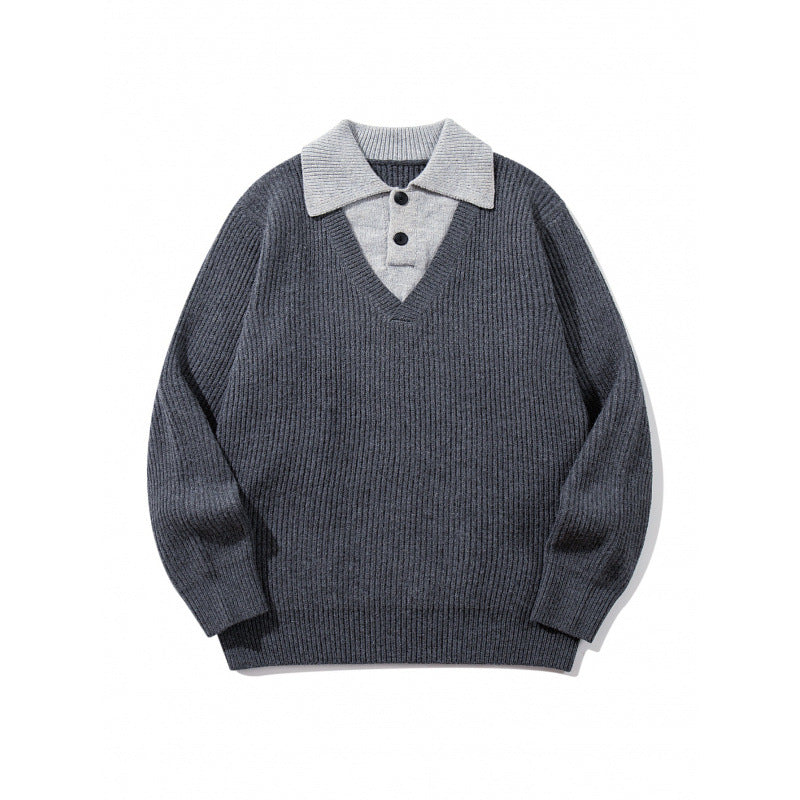 Unisex Grobstrick-Kastenpullover mit V-Ausschnitt und kontrastierendem Polo-Knopfkragen Drune