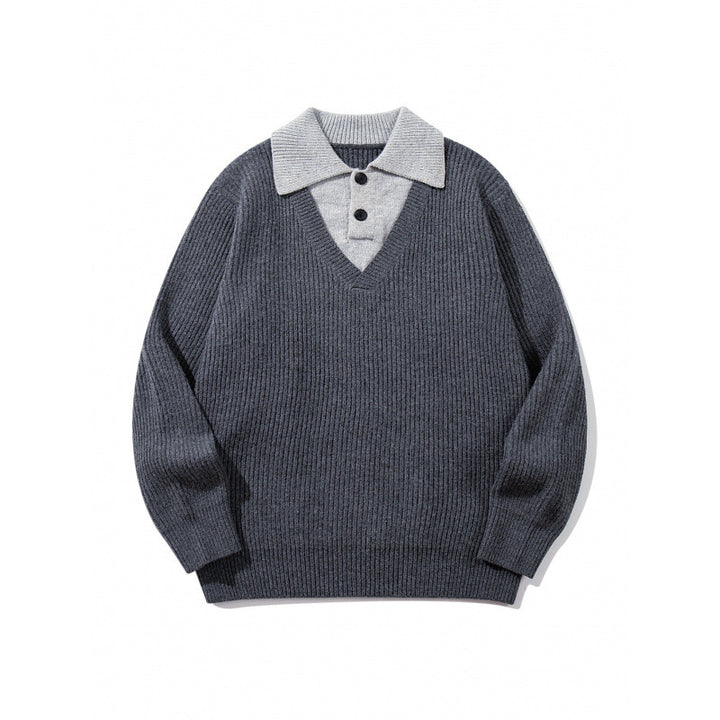 Unisex Grobstrick-Kastenpullover mit V-Ausschnitt und kontrastierendem Polo-Knopfkragen Drune