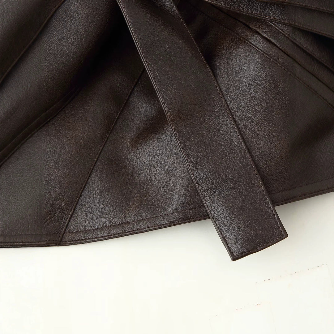 Damen Kurzjacke aus Lederimitat mit langen Kunstfellärmeln und Bindegürtel Drune