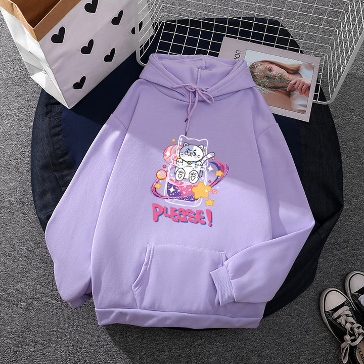 Damen nan oversized Kapuzenpullover im Streetstyle mit weichem Fleece-Innenfutter, Kängurutasche und farbenfrohem Cartoon-Katzen-Planet-Print Drune