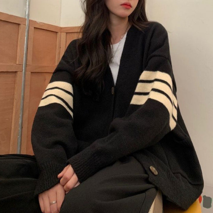 Damen Strickcardigan mit lässigen Taschen und kontrastierenden Streifen Drune
