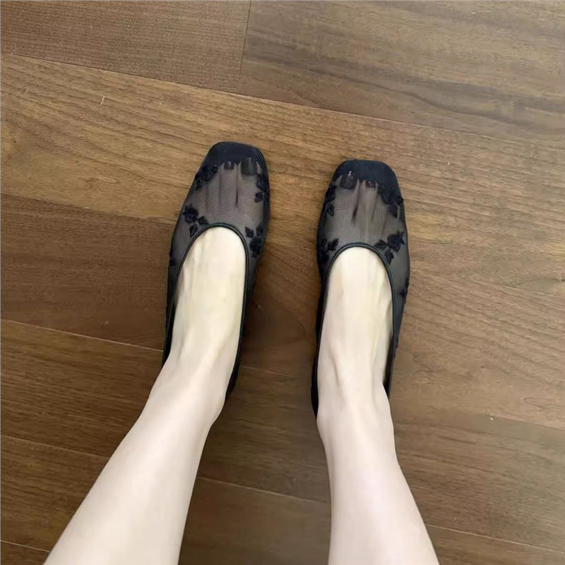 Damen Florale bestickte Ballerina-Slipper mit quadratischer Zehenbox und Mesh-Oberschuh Drune