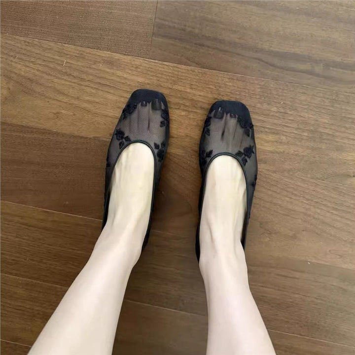 Damen Florale bestickte Ballerina-Slipper mit quadratischer Zehenbox und Mesh-Oberschuh Drune