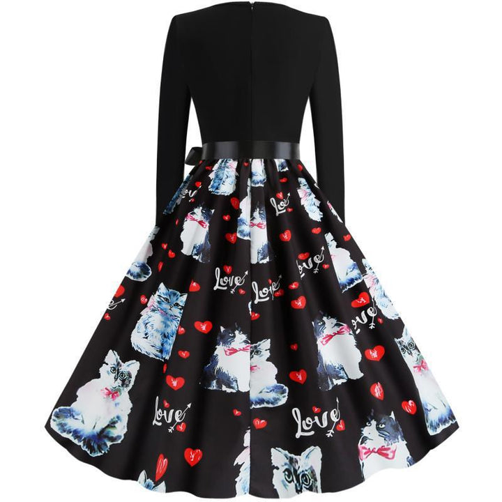 Damen Tailliertes Vintage-Swingkleid mit Satin-Taillenschleife, Langarm-Oberteil und printetem Tellerrock Drune