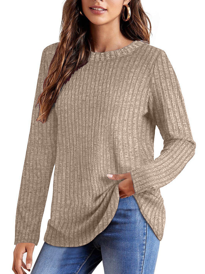 Damen Geripptes Feinstrick-Longsleeve mit Rundhalsausschnitt und asymmetrischem Saum Drune