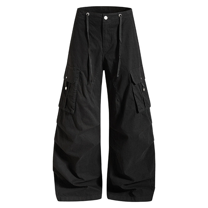 Damen weite High-Waist Cargo-Hose mit Tunnelzugbund und großen Klapptaschen Drune