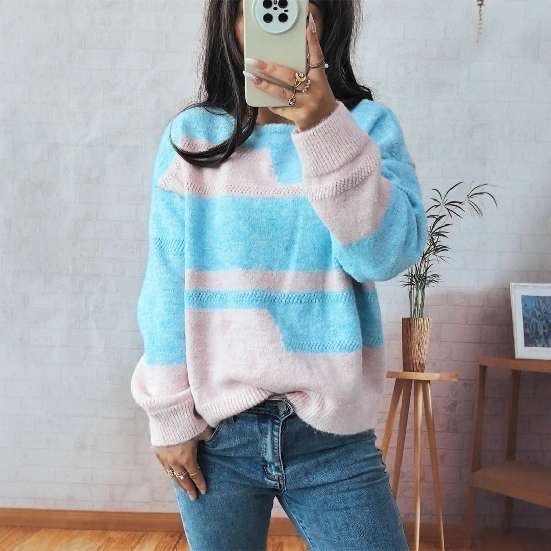 Damen Grobstrickpullover mit modischem Streifenmuster und weitem Schnitt Drune