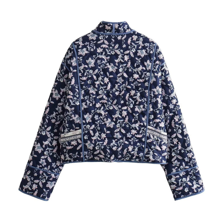 Damen gesteppte Kimono-Jacke mit floralem Allover‑Muster und kontrastierender Paspelierung Drune