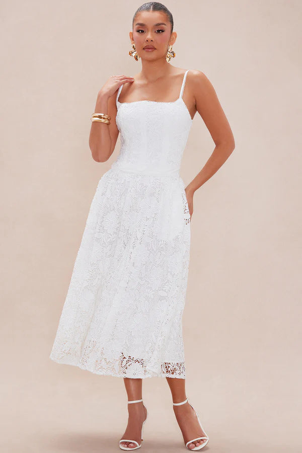 Damen Spitzen-Midi-Kleid mit zartem Blumenmuster und schwingendem Rock Drune
