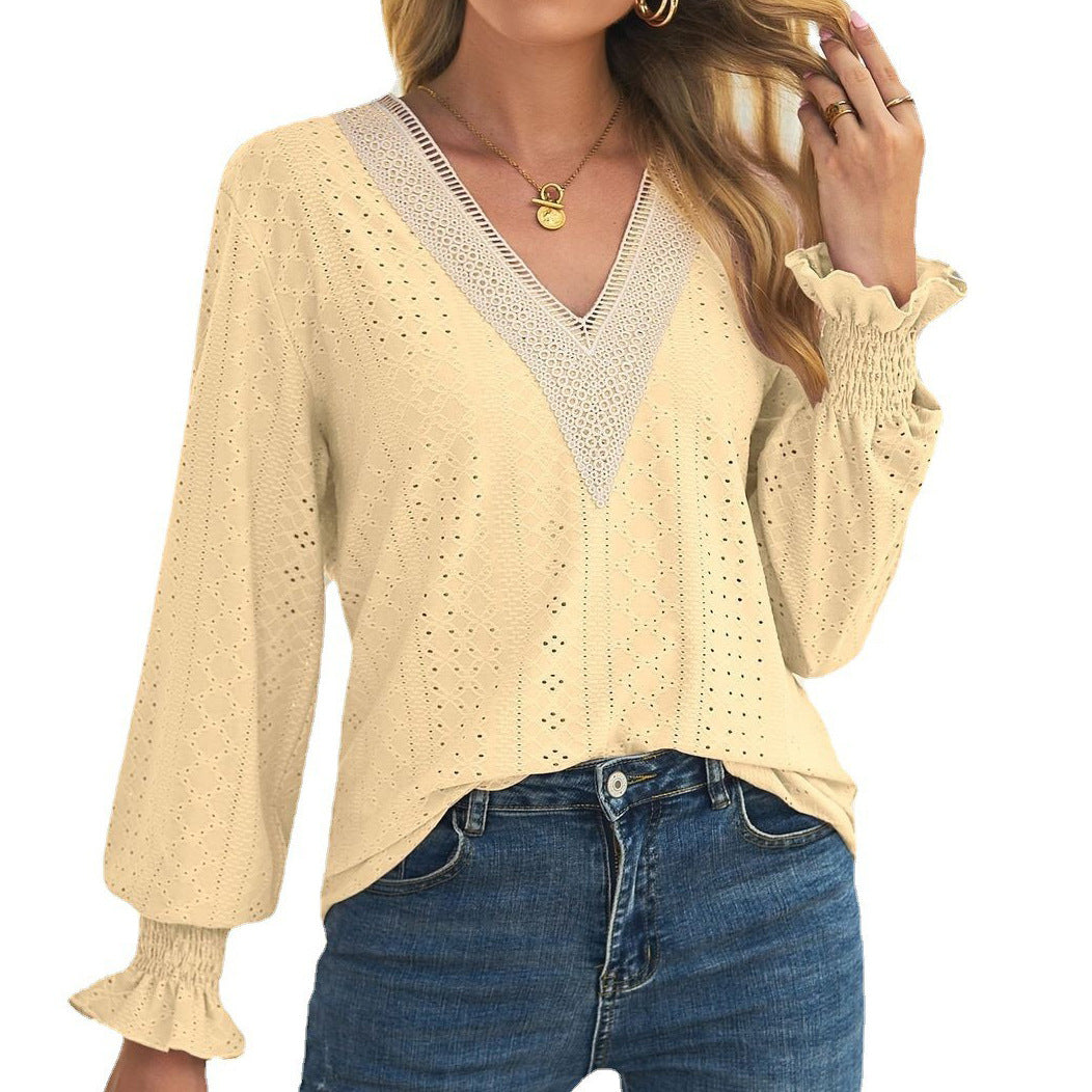 Damen Blusenshirt mit Lochmuster und V-Ausschnitt Drune