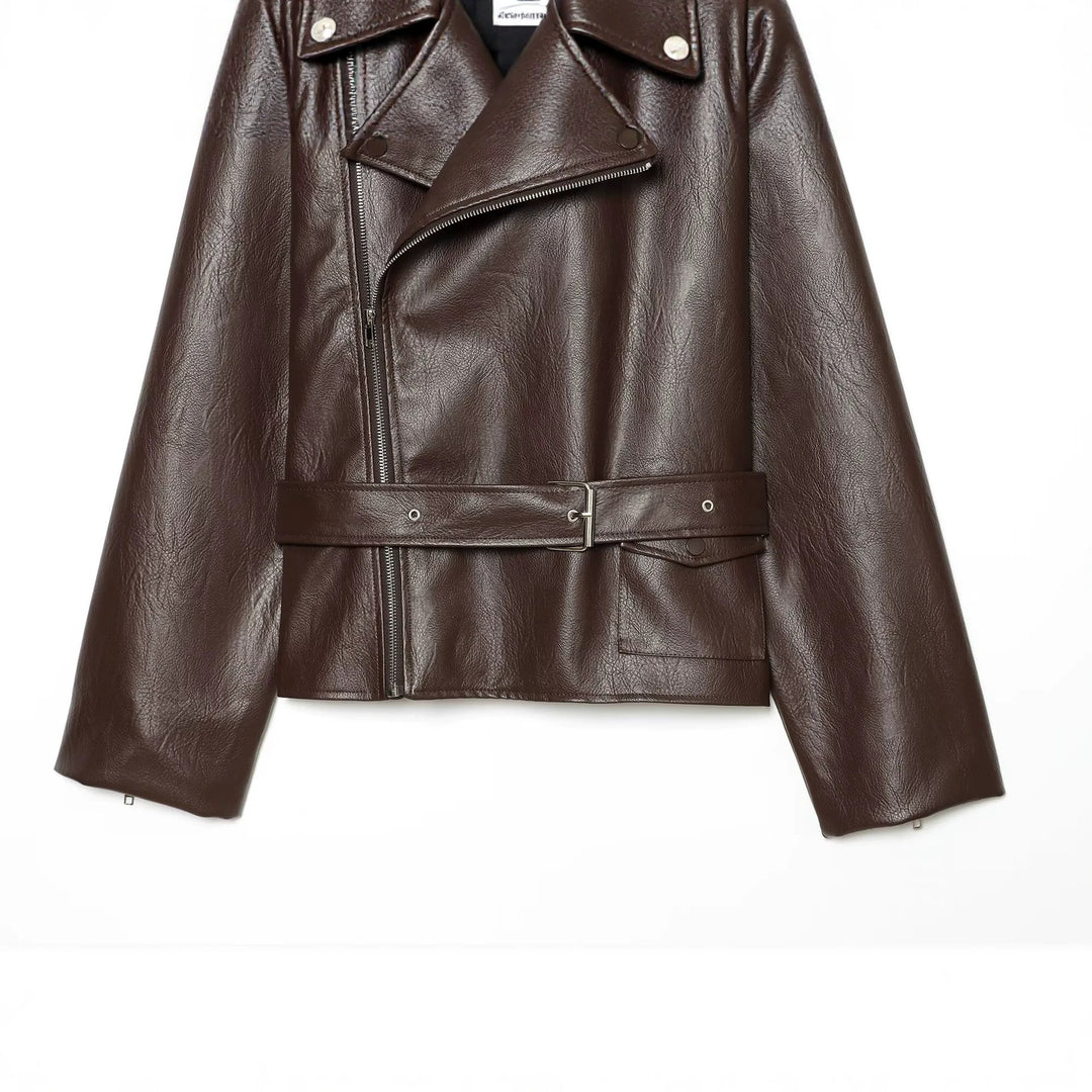 Damen Oversized Bikerjacke aus Kunstleder mit taillierendem Gürtel und asymmetrischem Reißverschluss Drune