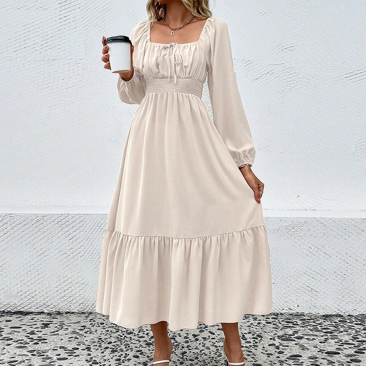 Damen gerafftes Midikleid mit Smok-Taillenbund, eckigem Ausschnitt, langen Puffärmeln und stufigem Volantrock Drune