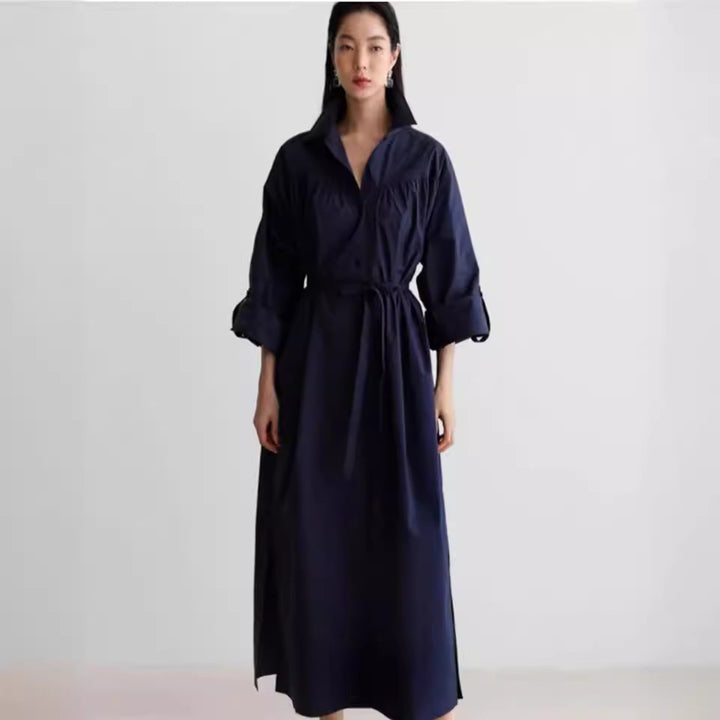 Damen Langärmliges Hemdblusen‑Maxikleid mit strukturierter Schulterpasse und Bindegürtel Drune
