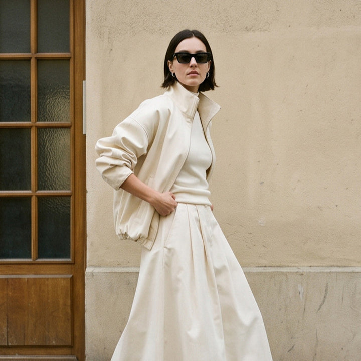 Damen Oversize Cropped-Blouson mit Tunnelzug und fließendem Maxi‑Rock mit Beinschlitz Drune