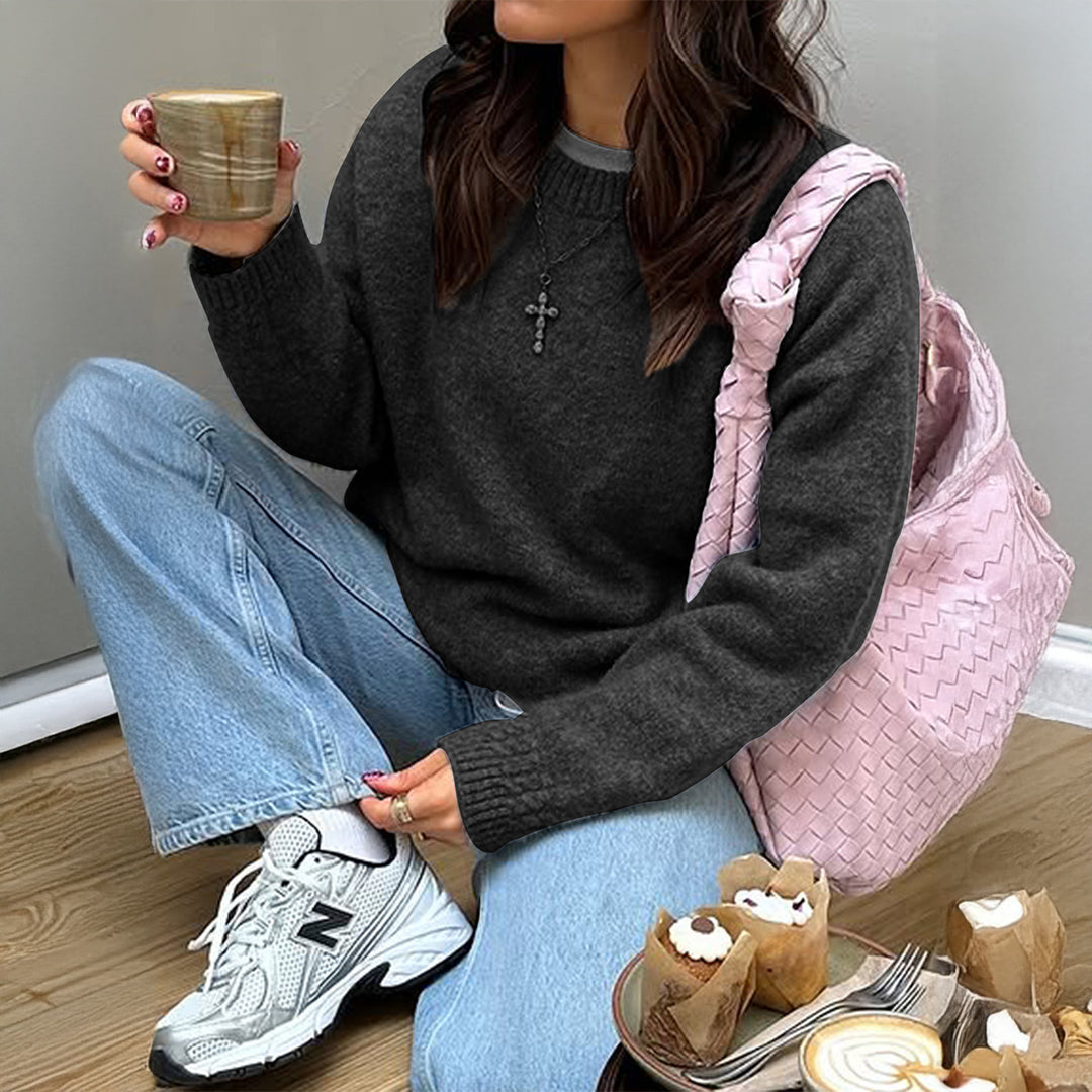 Damen nan kuscheliger Oversize-Strickpullover mit Rundhalsausschnitt und voluminösen Ballonärmeln Drune