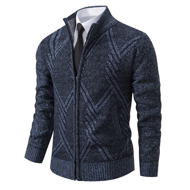 Herren Grobgestrickte Zip‑Strickjacke mit Stehkragen und geometrischem Strukturmuster Drune