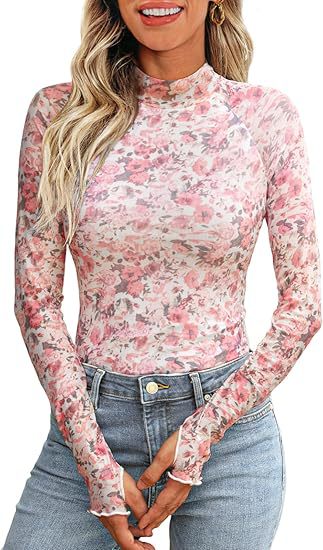 Damen Transparentes Mesh-Longsleeve mit Blumenprint und Stehkragen Drune