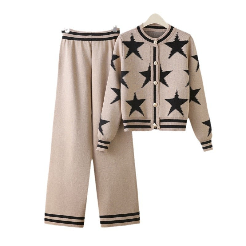 Damen modisches Strick-Loungewear-Set mit Sternenmuster und kontrastierenden Details Drune