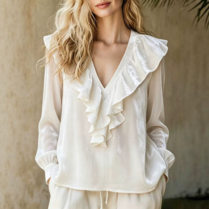 Damen Rüschige V-Ausschnitt-Bluse aus Chiffon mit Volantkragen und elastischen Manschetten Drune
