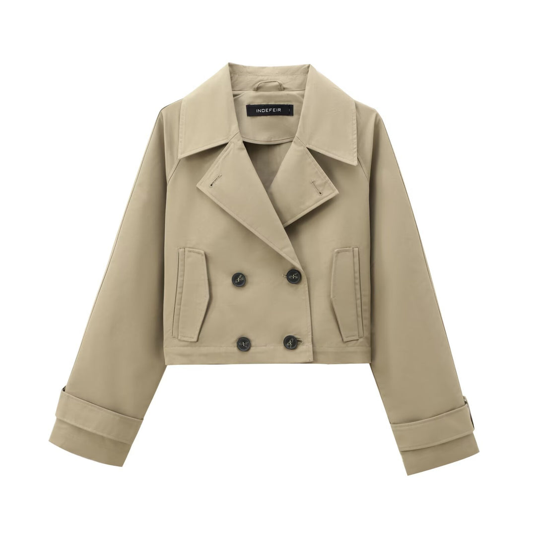 Damen nan kurze zweireihige Cropped Trenchjacke mit breitem Revers und verstellbaren Ärmelschnallen Drune