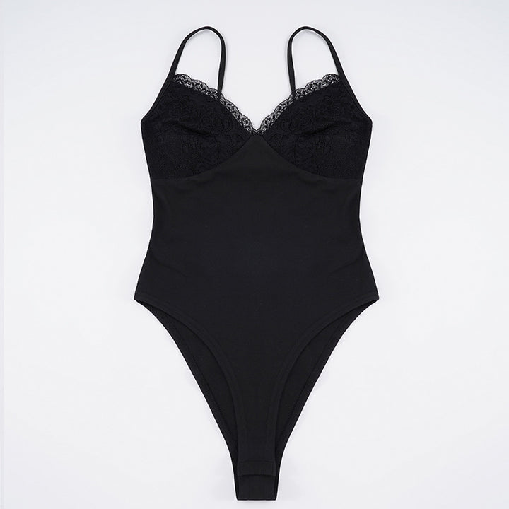 Damen eleganter Spitzen-Bodysuit mit feinen Trägern Drune