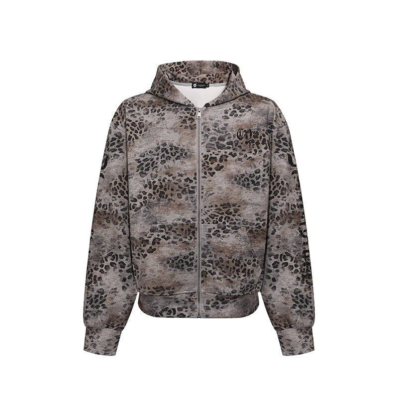 Damen Kapuzen-Sweatjacke mit durchgehendem Reißverschluss und Allover-Leopardenprint Drune