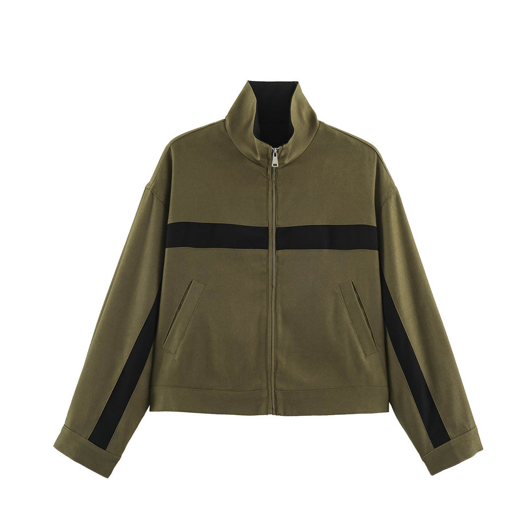 Damen Cropped Boxy-Trackjacke mit Stehkragen und Kontraststreifen Drune