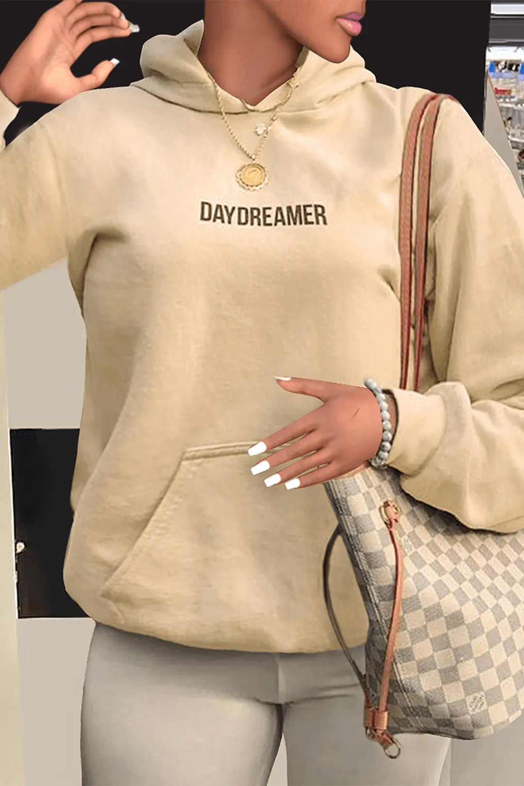 Damen Hoodie mit modernem Schriftzug und praktischer Kängurutasche Drune