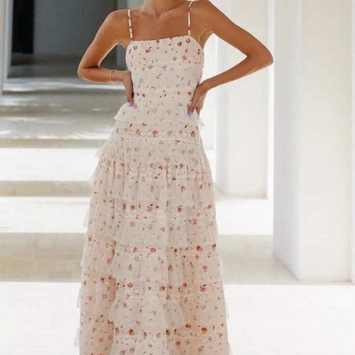 Damen Maxikleid mit floralen Rüschendetails und Spaghettiträgern Drune