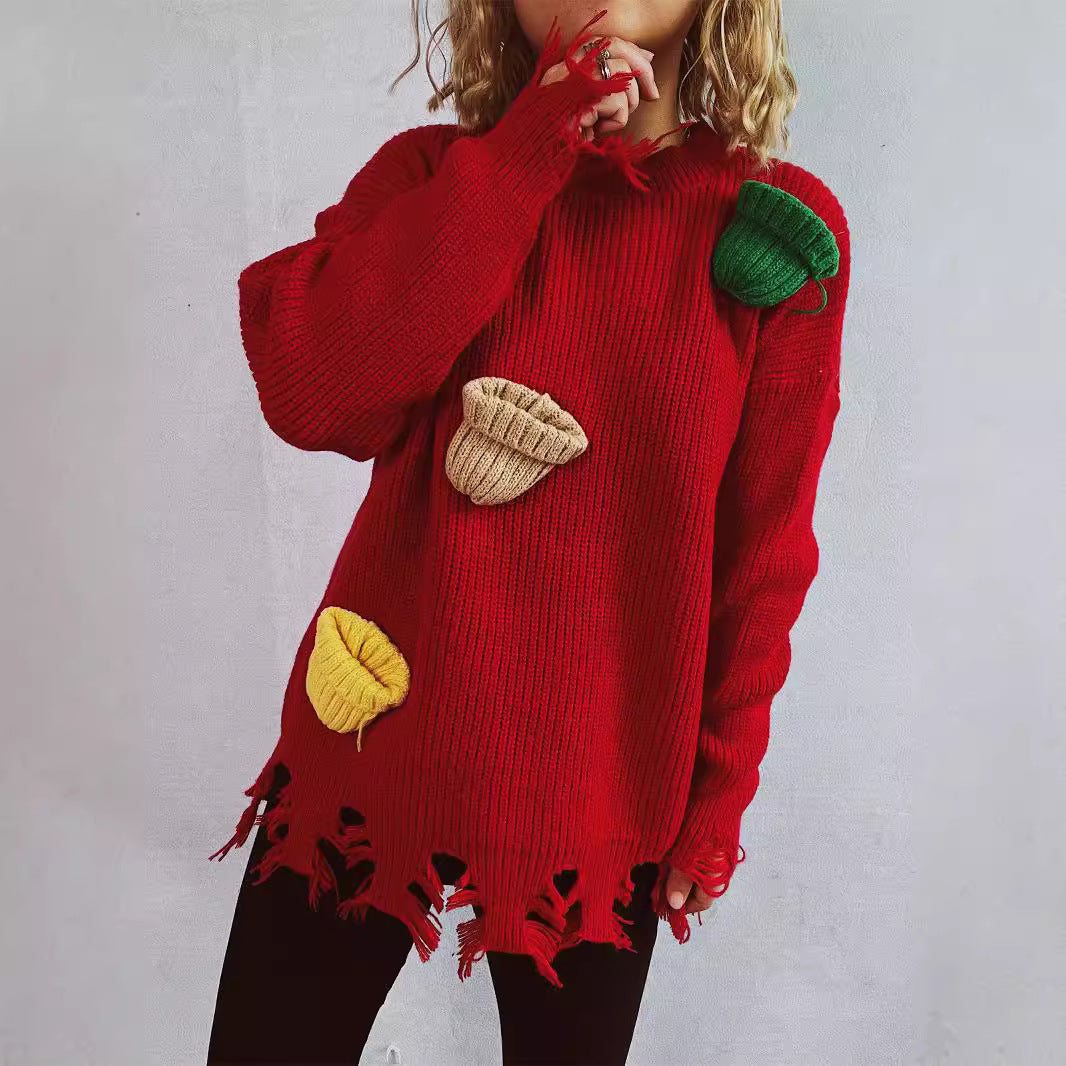 Damen lässiger Oversize-Pullover mit fransigen Details und bunten Applikationen Drune