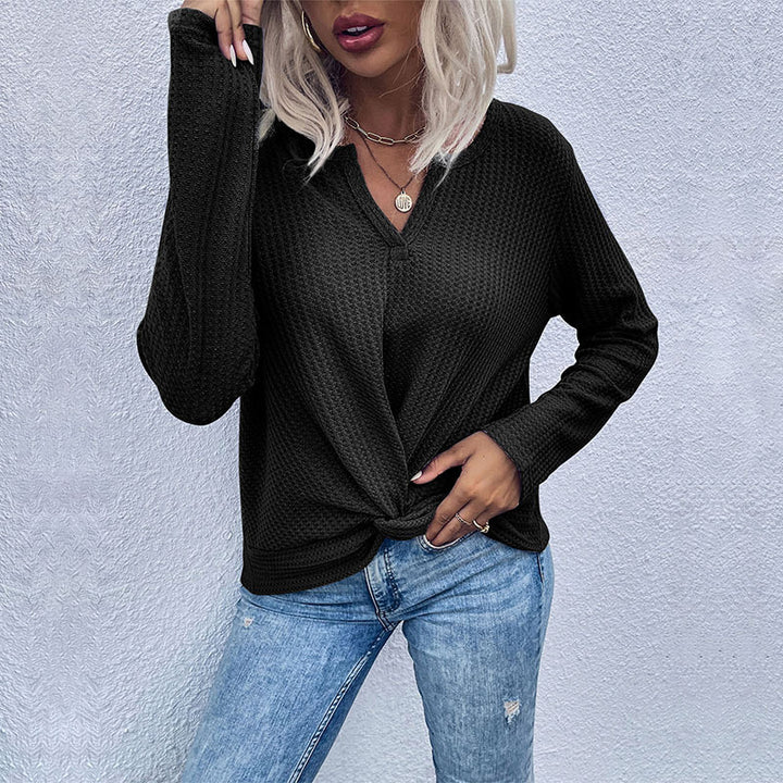Damen Waffelstrick-Longsleeve mit V‑Ausschnitt und Knotenfront Drune