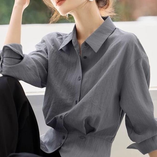 Damen elegante Oversized-Bluse mit Taillengürtel Drune
