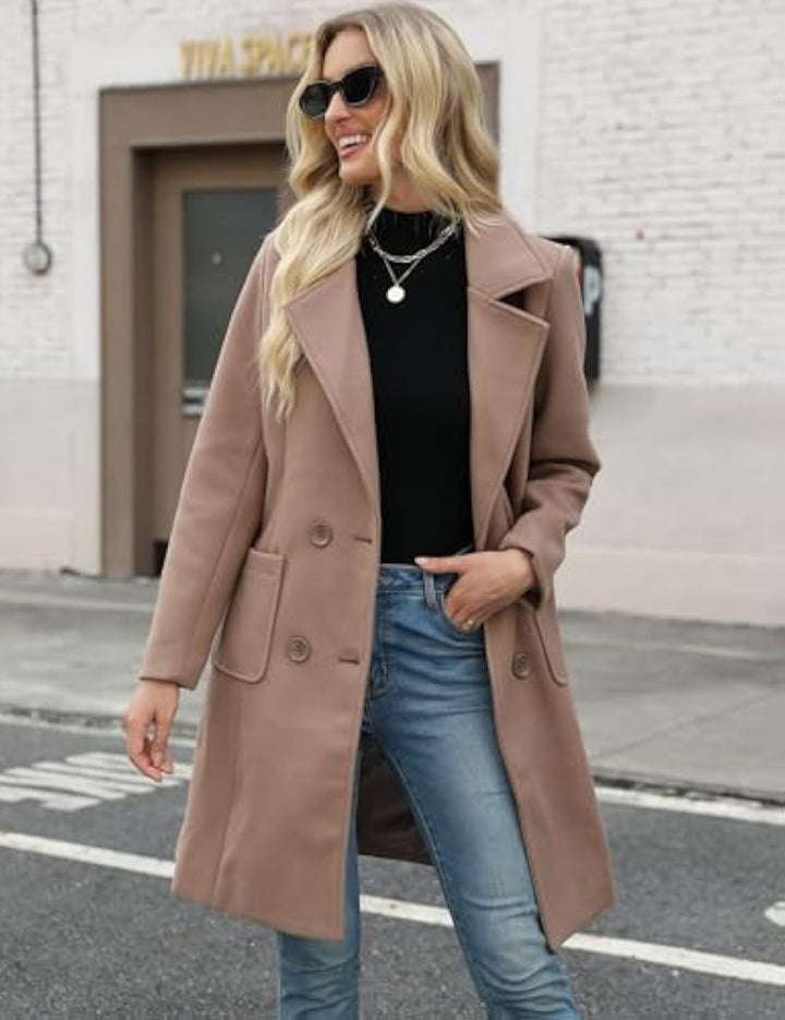 Damen Klassischer Zweireihiger Wollmix-Mantel mit taillierter Silhouette und großen Pattentaschen Drune
